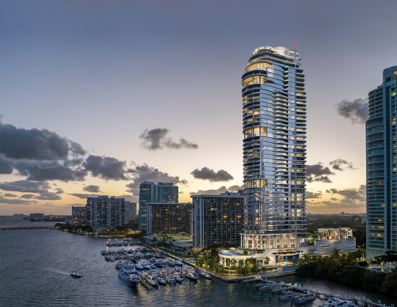 The St. Regis Residences, Miami on Biscayne Bay at dusk.
