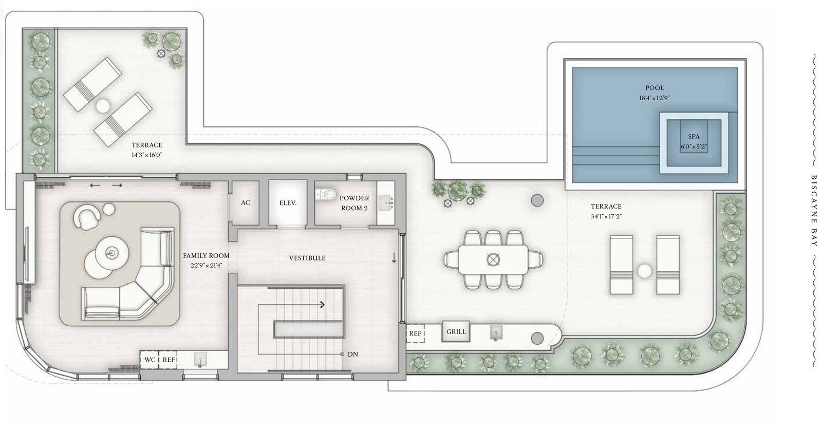 Roof level floor plan of Villa A with pool and spa.